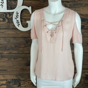 Emory Park | Cold Shoulder Lace Up Tie Front Blouse Baby Blush Pink Flowy‎ Top